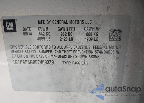 2014 Chevrolet Cruze Ls Auto из США, поврежденный, VIN 1G1PA5SG0E7469339